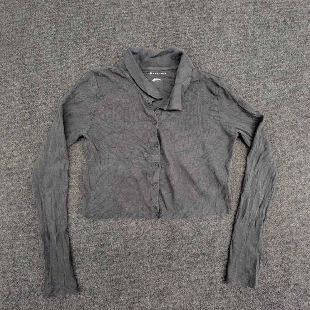 American Eagle Top Womens M Grey Ribbed Cropped Collared Button Front Blouse